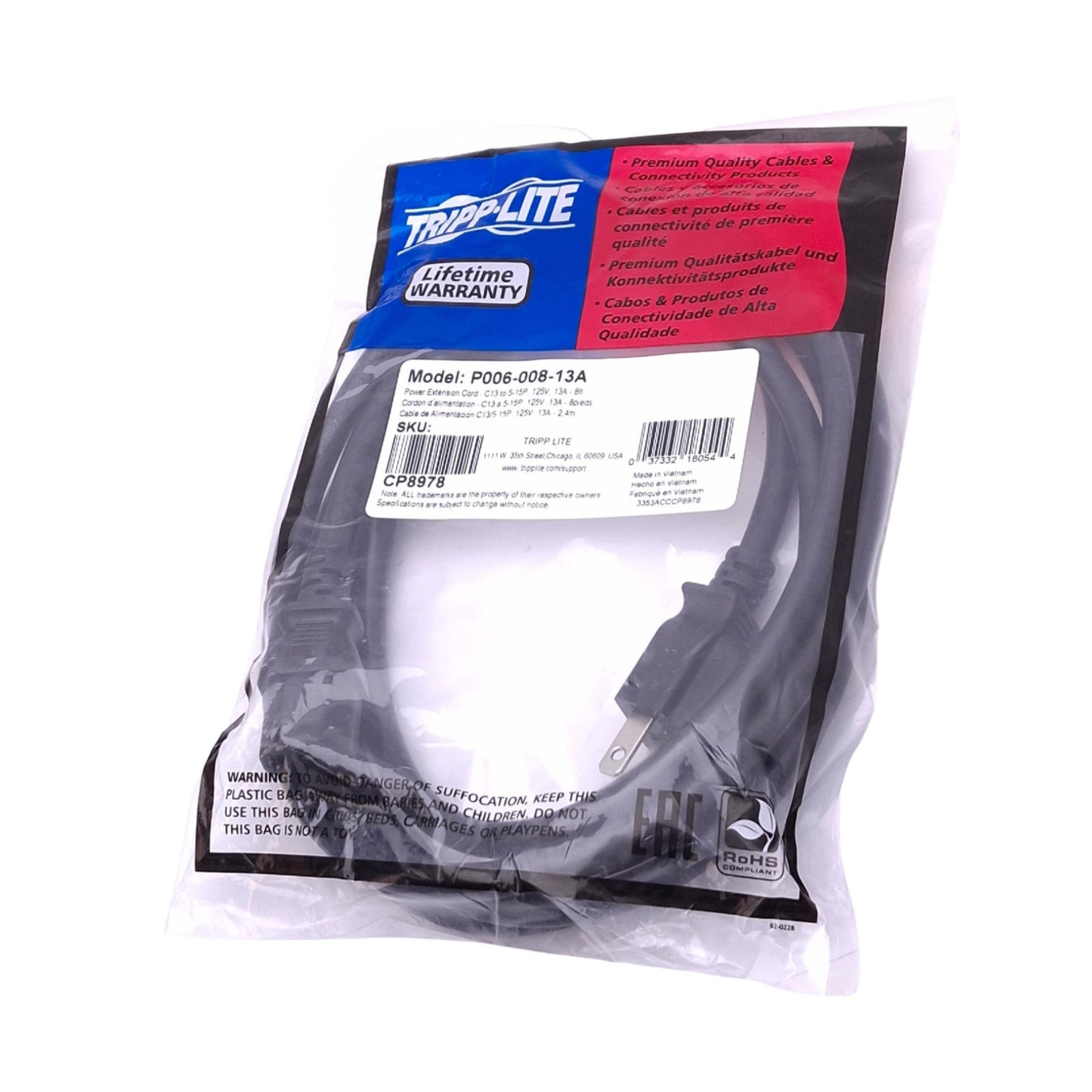 New Tripp Lite P006-008-13A Power Extension Cable, C13 to 5-15P, 125V 13A, 8ft