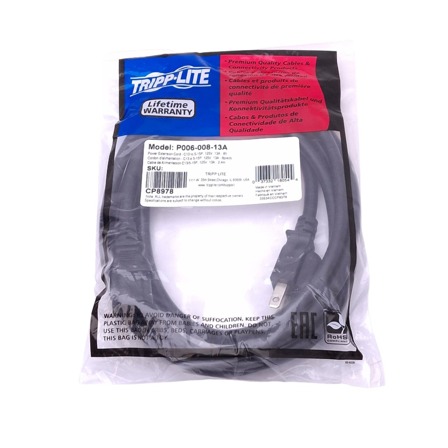New Tripp Lite P006-008-13A Power Extension Cable, C13 to 5-15P, 125V 13A, 8ft