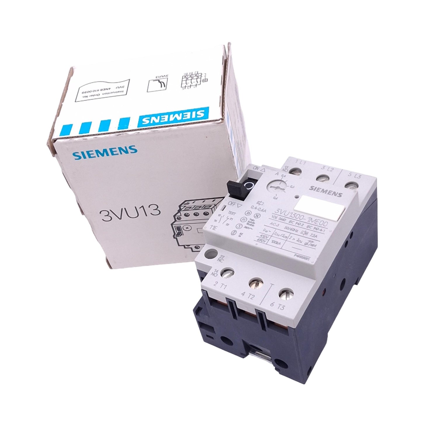 New Siemens 3VU1300-1ME00 Motor Protector, 3-Pole, 1NO 1NC Aux, 0.4-0.6A, 600VAC Max