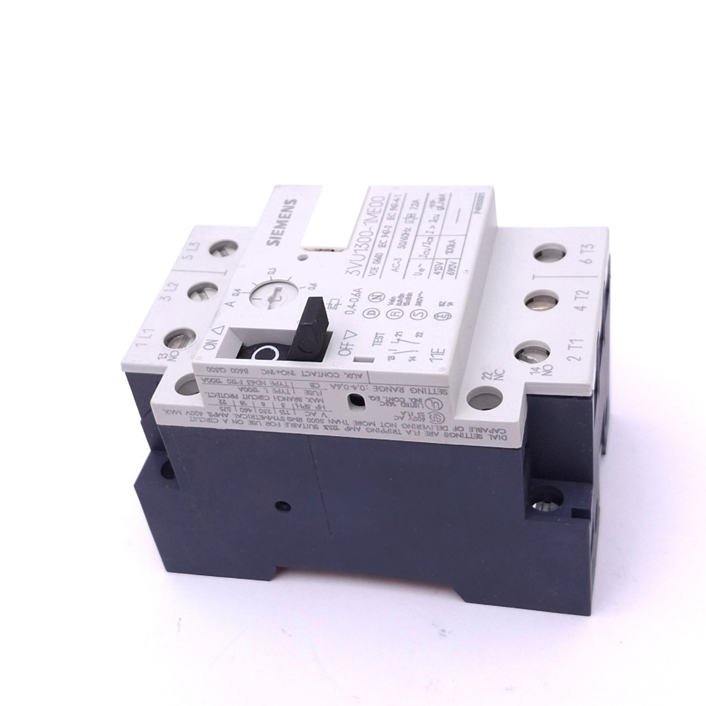 New Siemens 3VU1300-1ME00 Motor Protector, 3-Pole, 1NO 1NC Aux, 0.4-0.6A, 600VAC Max