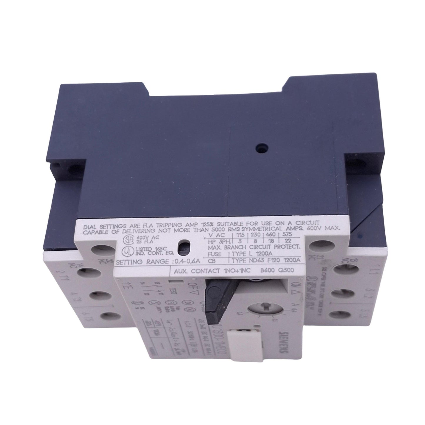 New Siemens 3VU1300-1ME00 Motor Protector, 3-Pole, 1NO 1NC Aux, 0.4-0.6A, 600VAC Max