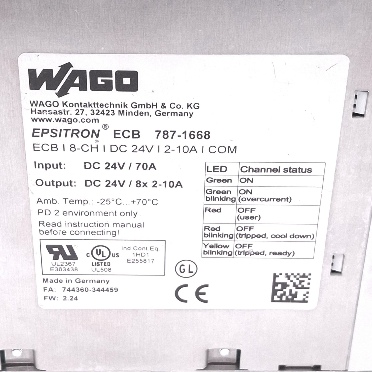 Used Wago 787-1668 EPSITRON Electronic Circuit Breaker, 8-Channel 24VDC 2-10A