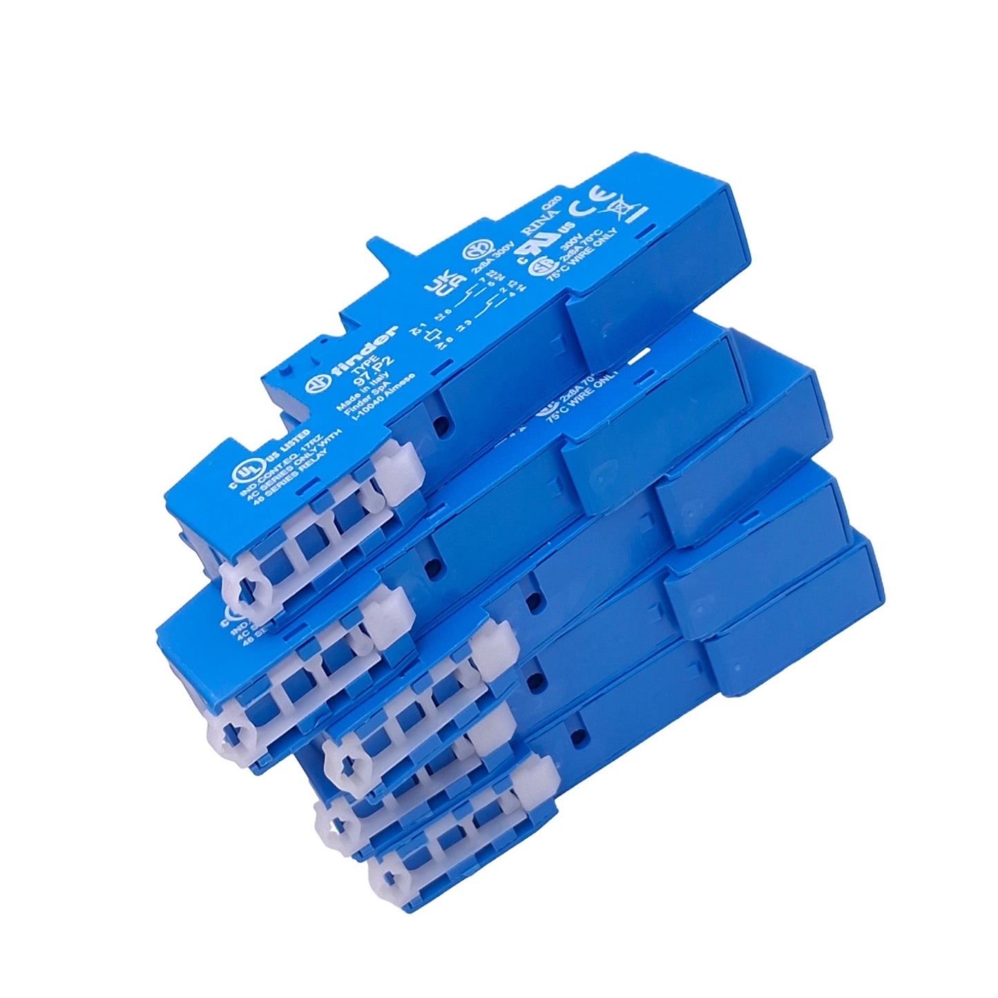 New Lot of 5 Finder 97.P2 Relay Sockets, 8-Pin, 8A 250VAC Max, DIN Rail