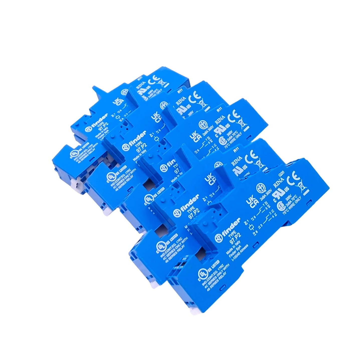 New Lot of 5 Finder 97.P2 Relay Sockets, 8-Pin, 8A 250VAC Max, DIN Rail