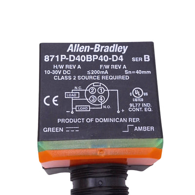 Used Allen Bradley 871P-D40BP40-D4 Proximity Sensor, PNP NO NC, 10-30VDC, 40mm Range