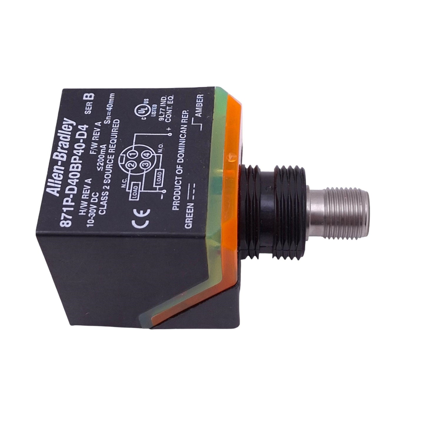 Used Allen Bradley 871P-D40BP40-D4 Proximity Sensor, PNP NO NC, 10-30VDC, 40mm Range