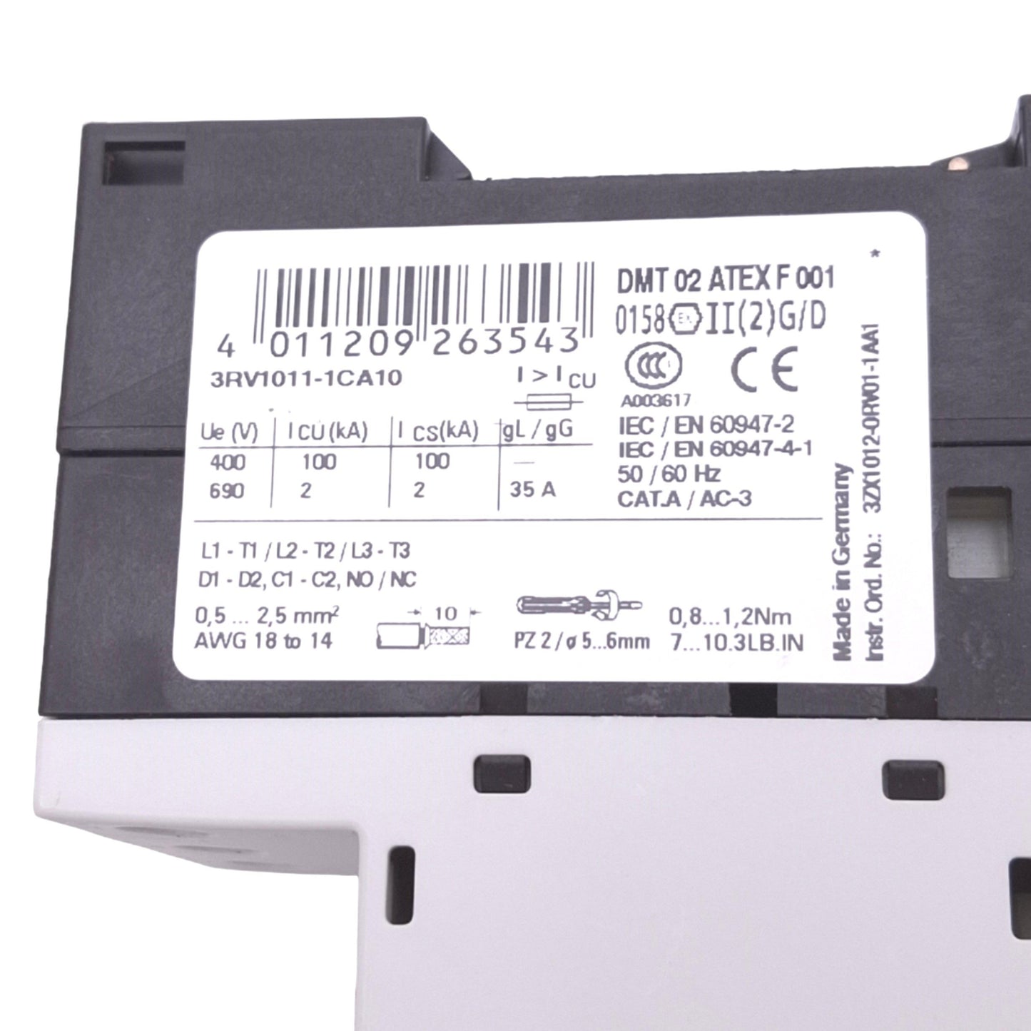 Used Siemens 3RV1011-1CA10 Motor Circuit Breaker, 3-Pole, 1.8-2.5A, 690VAC Max