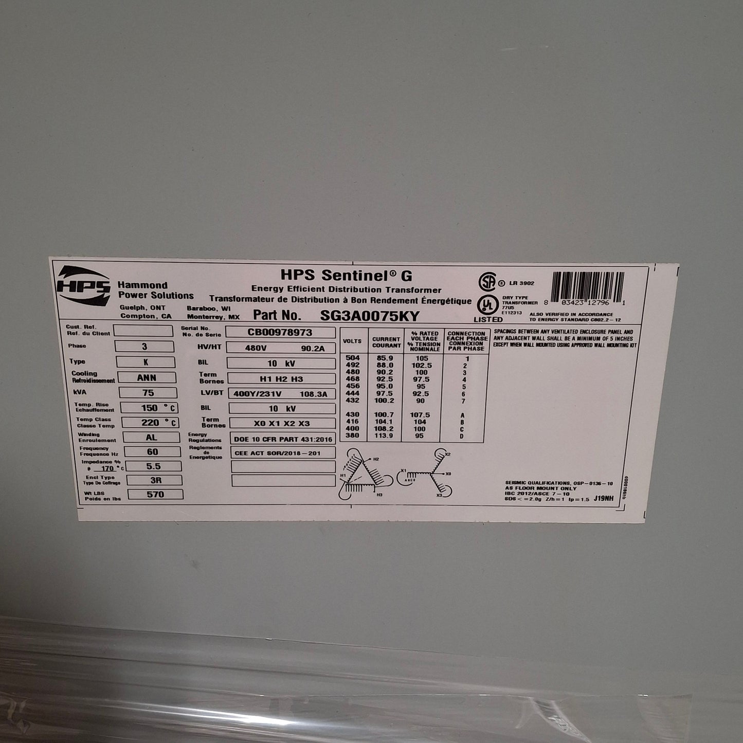 Used Hammond Power SG3A0075KY Sentinel G Transformer, 480V Delta Pri, 430Y/248VAC 2nd