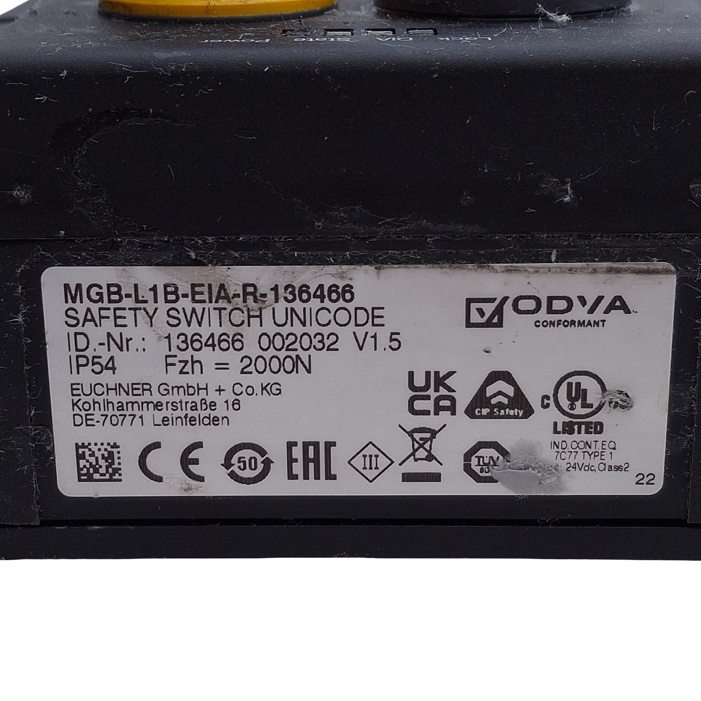 Used Euchner MGB-L1B-EIA-R-136466 Safety Interlock 5 Control Elements w/Key, 24VDC
