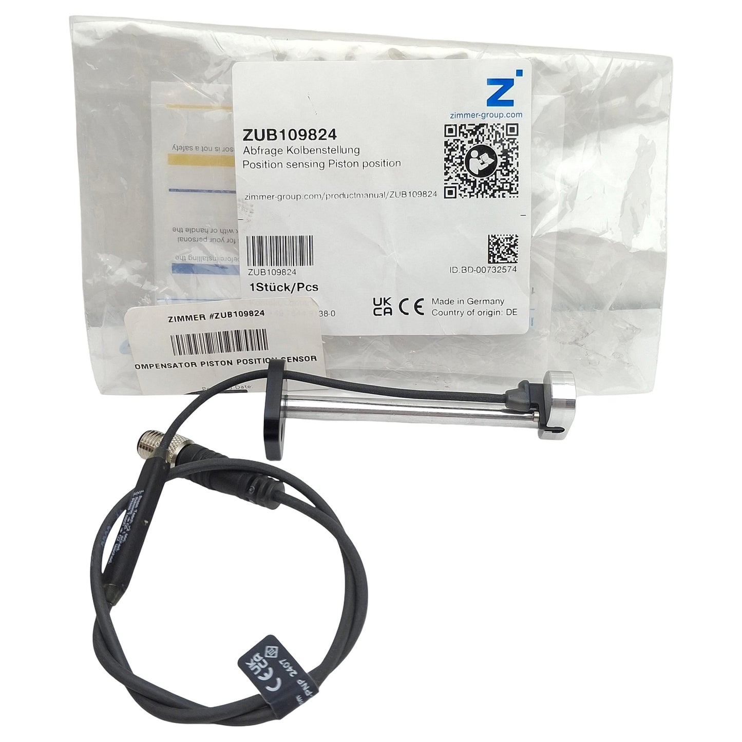 New Zimmer Group ZUB109824 Piston Position Sensor, PNP NO, 12-30VDC, 4-Pin M8, 0.3m