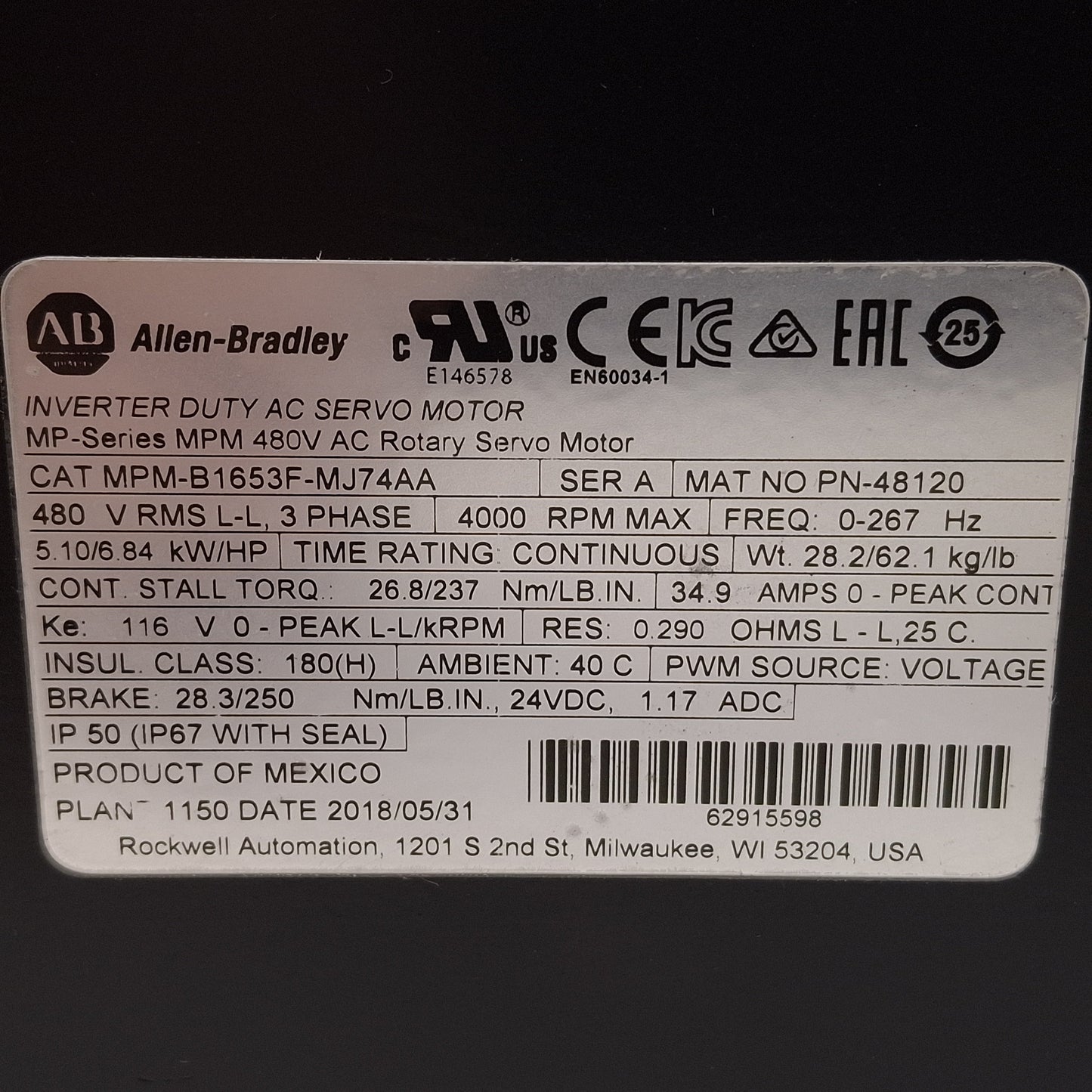 New Allen Bradley MPM-B1653F-MJ74AA Servo Motor 5.1kW/6.84HP, 3Ø 480VAC, 24VDC Brake