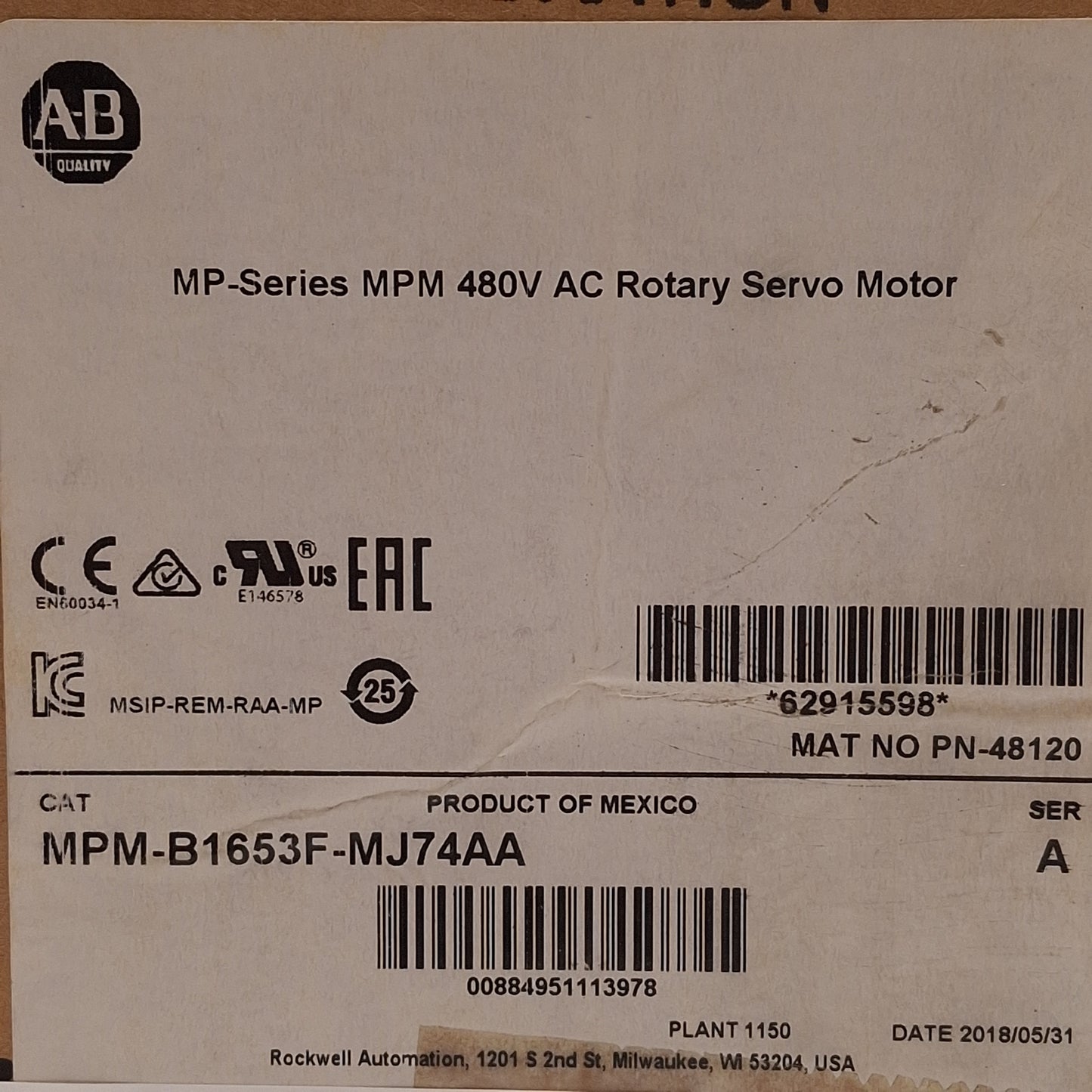 New Allen Bradley MPM-B1653F-MJ74AA Servo Motor 5.1kW/6.84HP, 3Ø 480VAC, 24VDC Brake