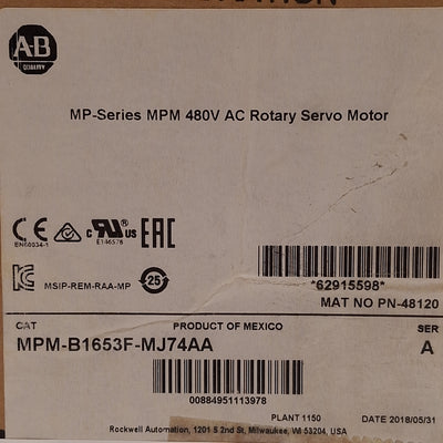 New Allen Bradley MPM-B1653F-MJ74AA Servo Motor 5.1kW/6.84HP, 3Ø 480VAC, 24VDC Brake