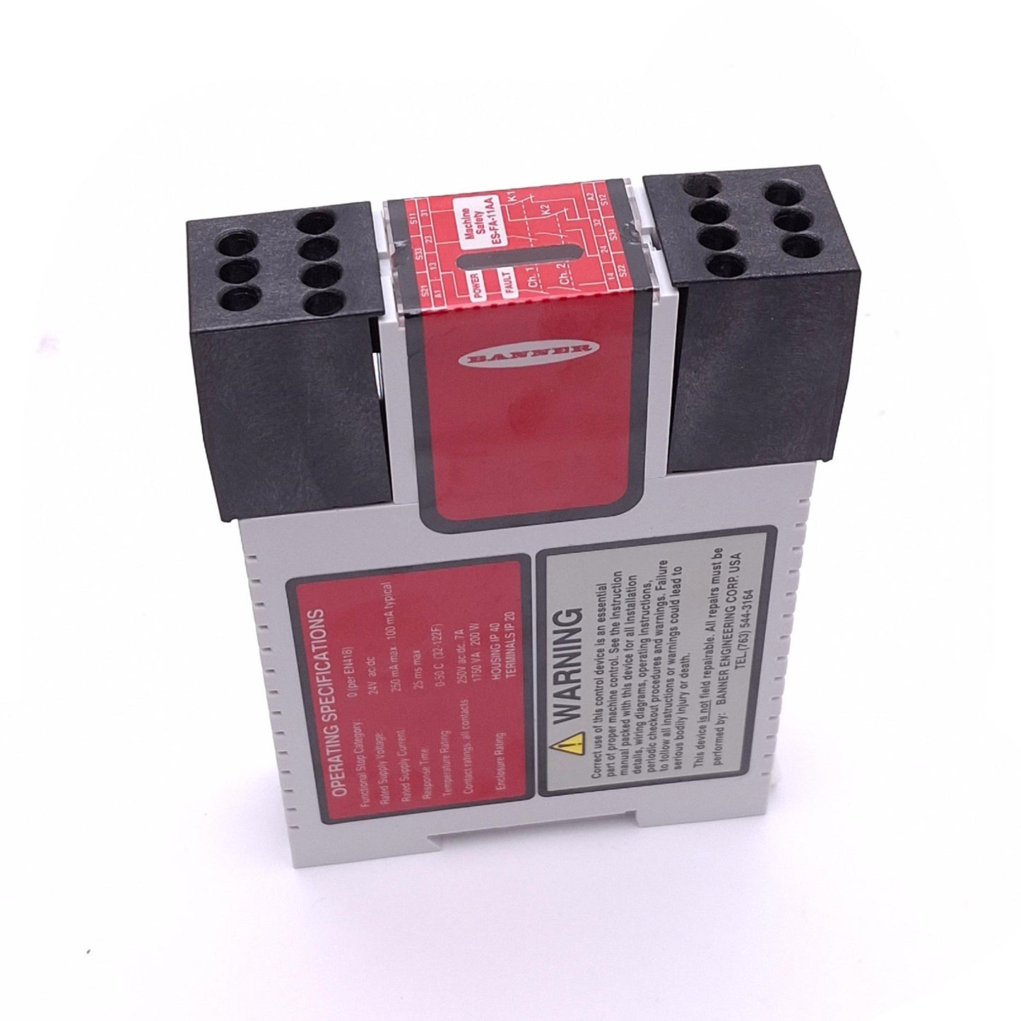 Used Banner ES-FA-11AA Safety Relay Module, 2-Channel, 1NC Aux, 24VAC/DC Input