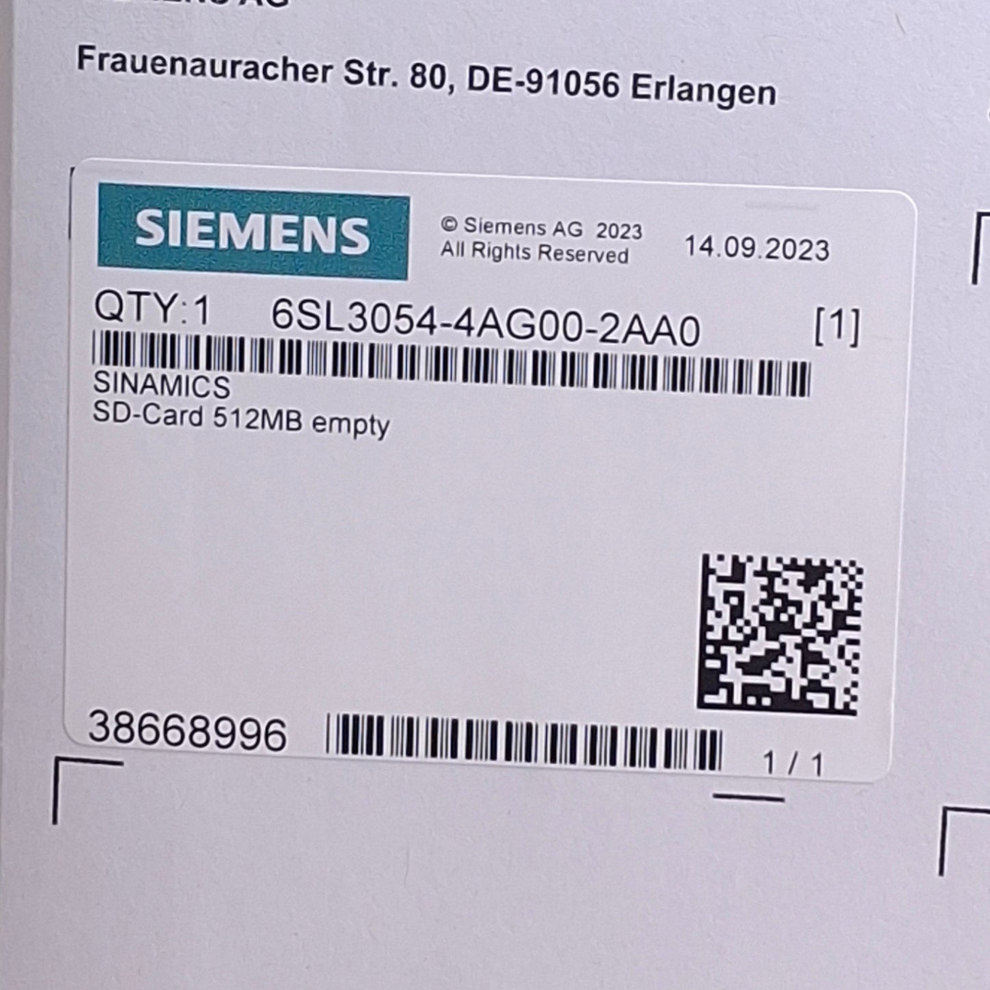 New Siemens 6SL3054-4AG00-2AA0 Sinamics Micro Memory SD Card, 512MB Empty