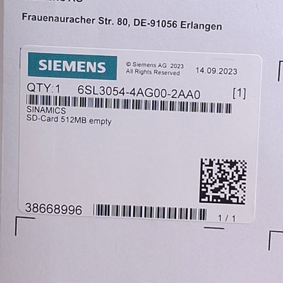 New Siemens 6SL3054-4AG00-2AA0 Sinamics Micro Memory SD Card, 512MB Empty