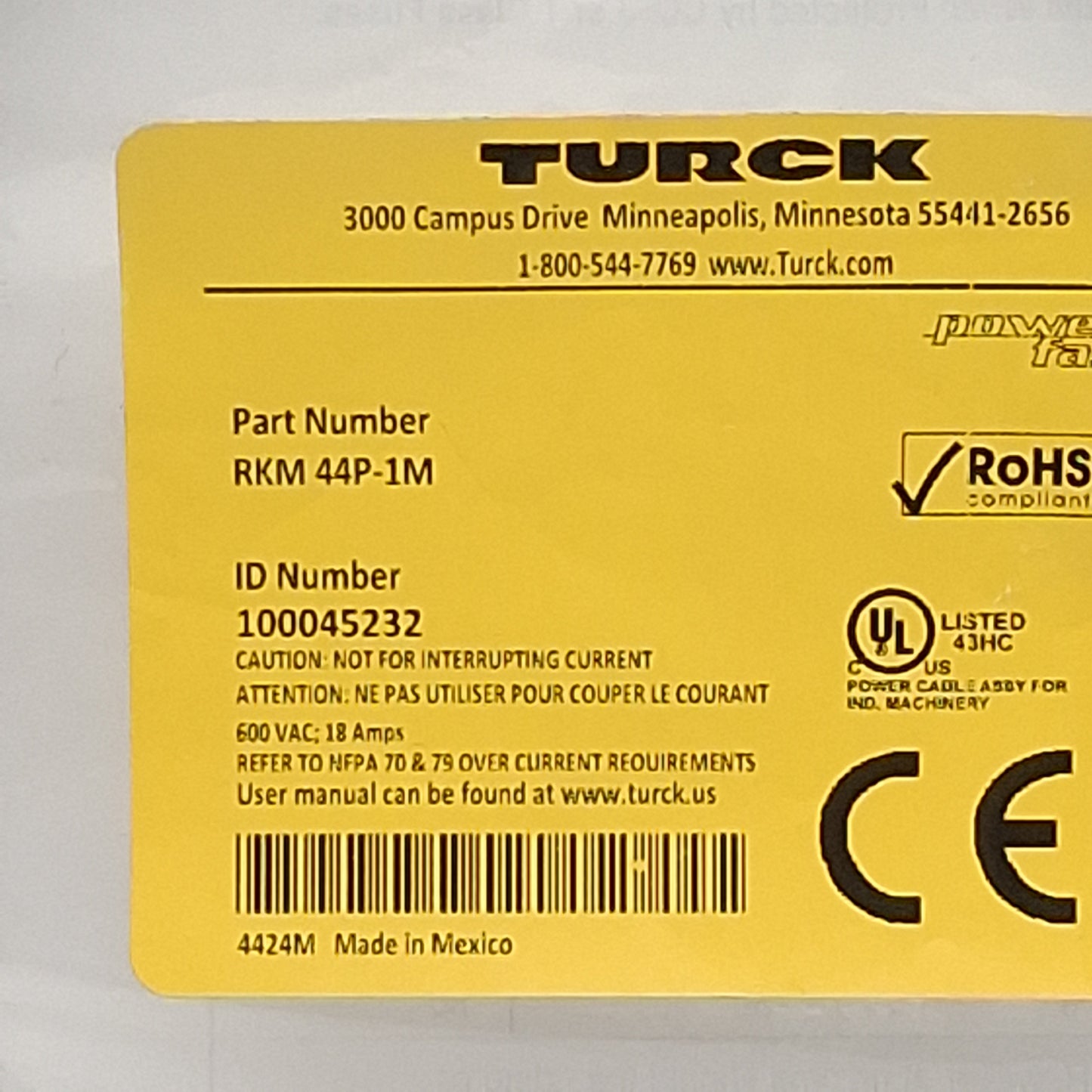 New Turck RKM 44P-1M Single Ended Cordset, 4-Pin 7/8" PowerFast Female, 18A 600V, 1m
