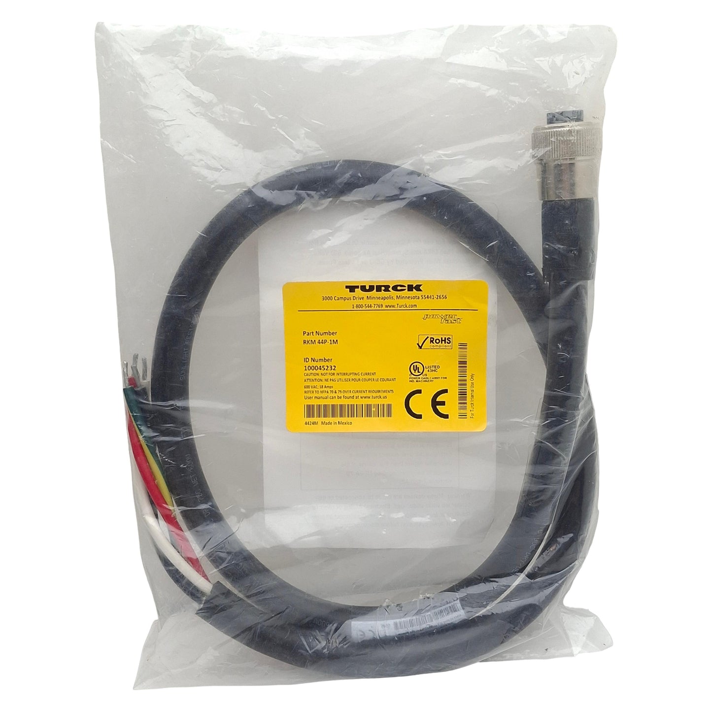 New Turck RKM 44P-1M Single Ended Cordset, 4-Pin 7/8" PowerFast Female, 18A 600V, 1m