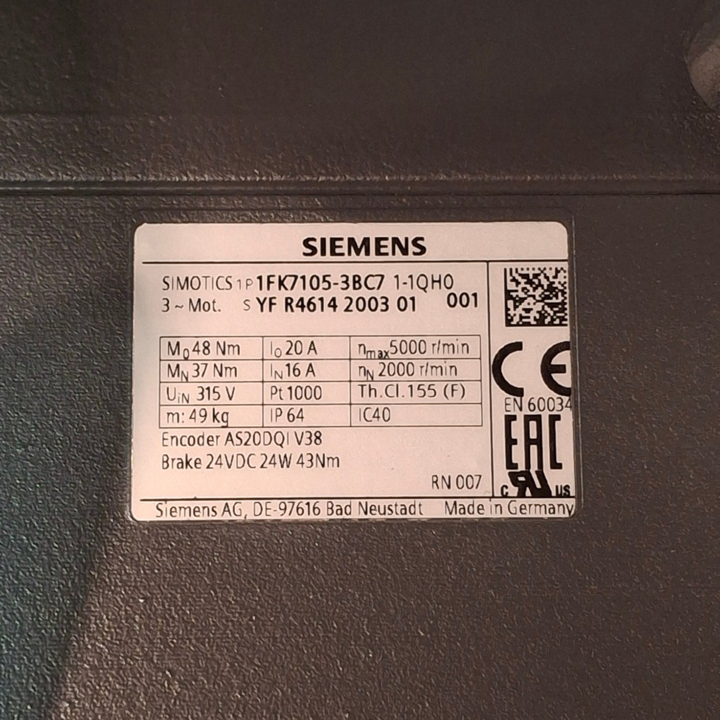 New – Open box Siemens 1FK7105-3BC71-1QH0 Synchronous Motor, 37Nm, 2000RPM, IM B5 Motor Frame