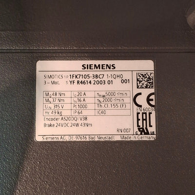 New – Open box Siemens 1FK7105-3BC71-1QH0 Synchronous Motor, 37Nm, 2000RPM, IM B5 Motor Frame