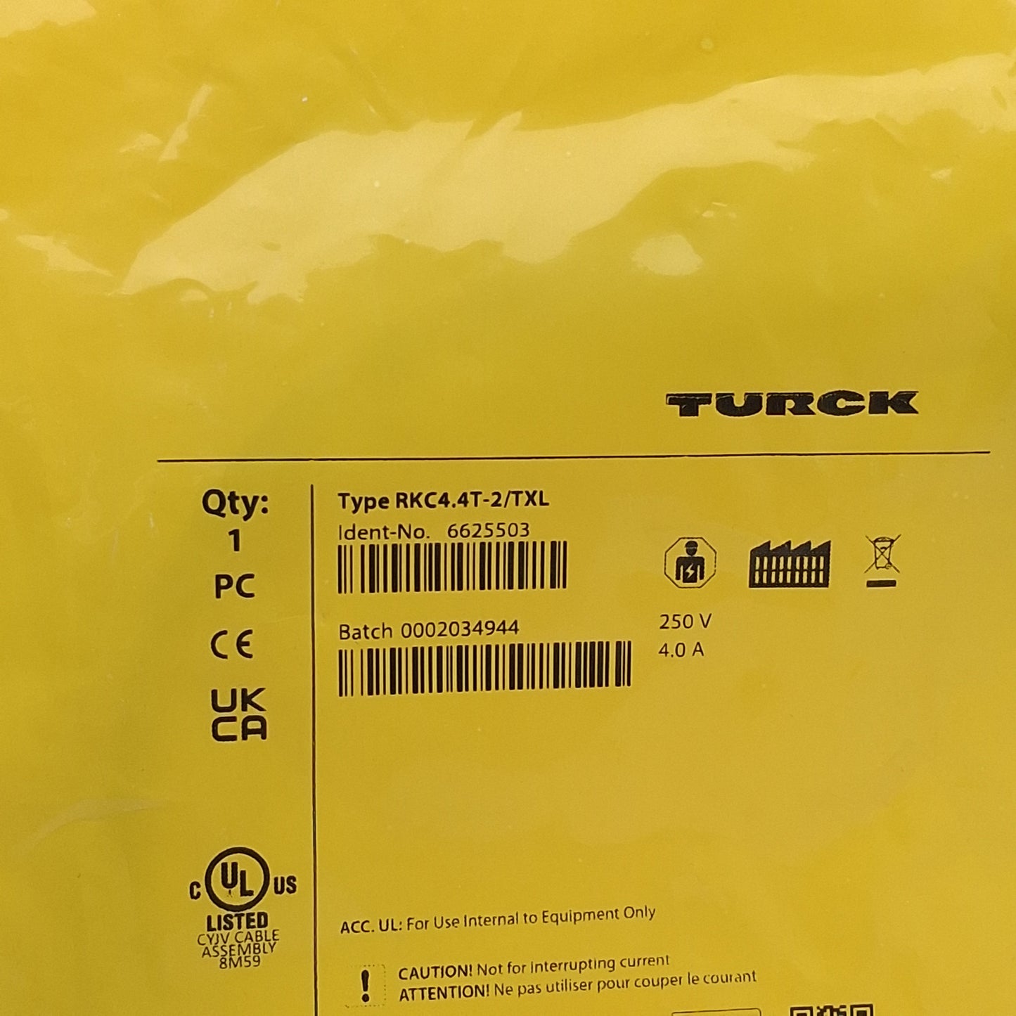 New Lot of 2 Turck RKC4.4T-2/TXL Actuator/Sensor Cable, 4-Pin M12 Female to Leads 2m