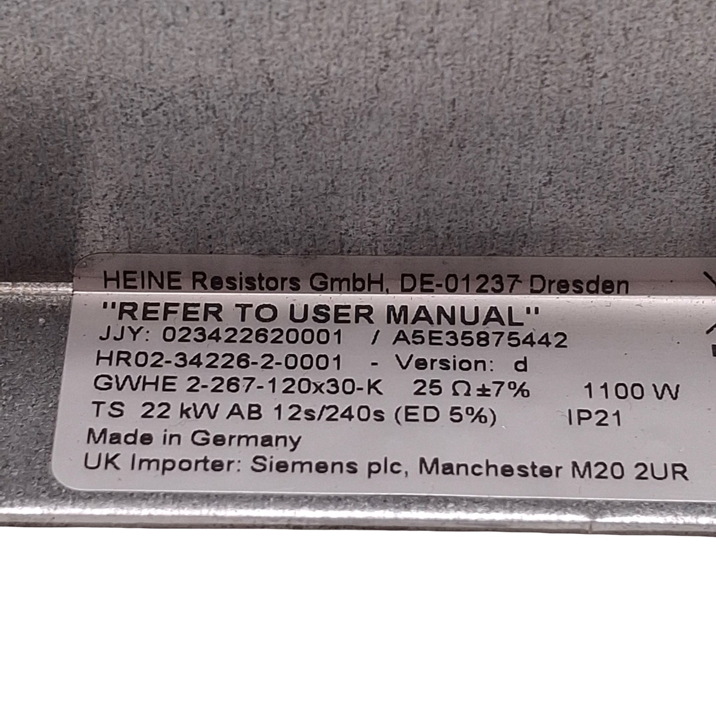 Used Siemens 023422620001 Breaking Resistor 25 Ohms Resistance, 22kW Peak, 330-840VDC