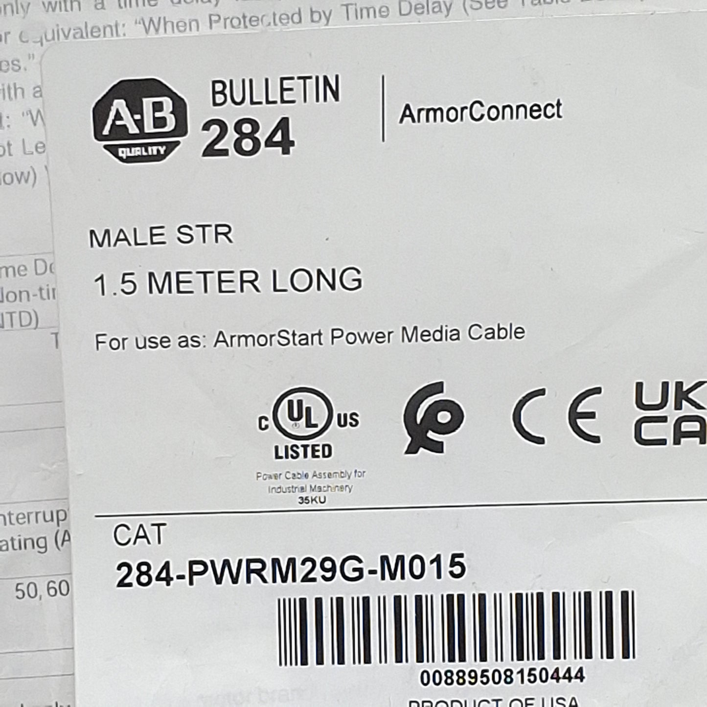 New Allen Bradley 284-PWRM29G-M015 ArmorConnect Motor Cable, 4-Pin, 29mm Shell, 1.5m