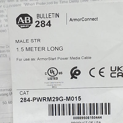 New Allen Bradley 284-PWRM29G-M015 ArmorConnect Motor Cable, 4-Pin, 29mm Shell, 1.5m