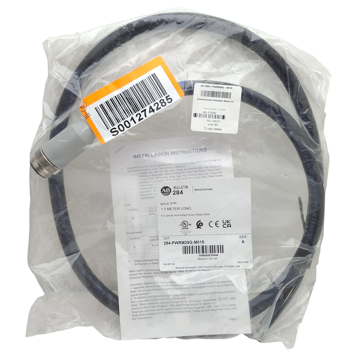 New Allen Bradley 284-PWRM29G-M015 ArmorConnect Motor Cable, 4-Pin, 29mm Shell, 1.5m
