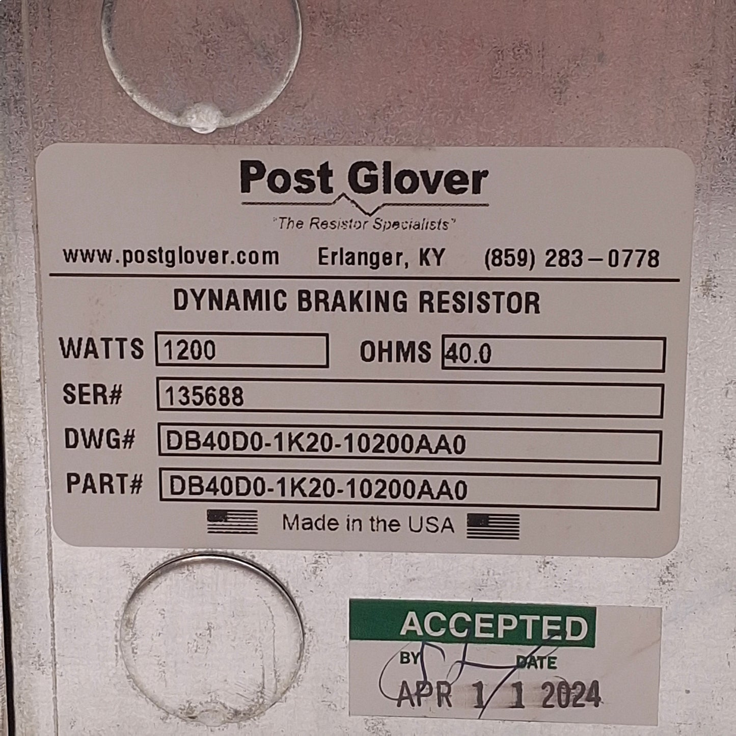 Used Post Glover DB40D0-1K20-10200AA0 Braking Resistor 40Ohms, 1 NC, 1200W, 11ft