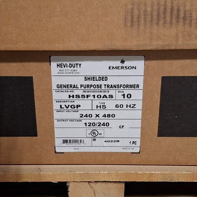 New Emerson HS5F10AS Hevi Duty Transformer 240x480 Primary, 120/240 Secondary, 10kVA