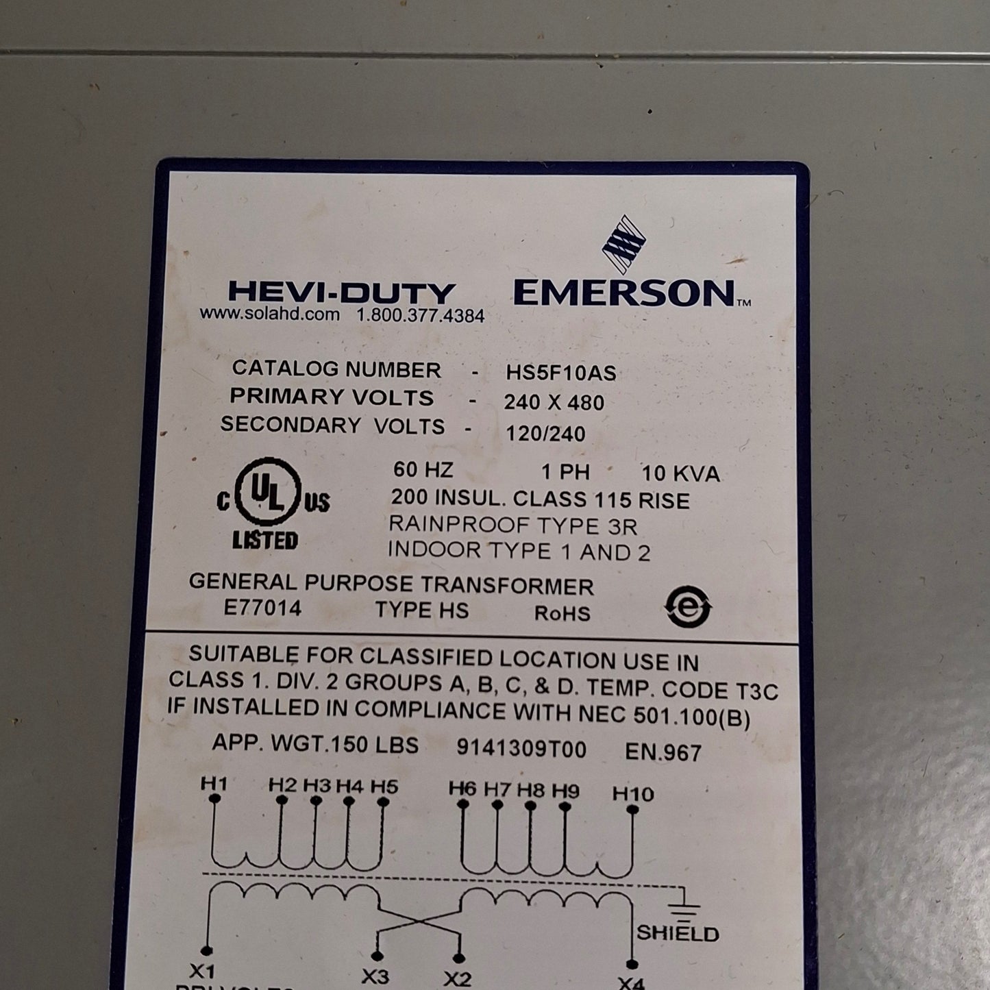 New Emerson HS5F10AS Hevi Duty Transformer 240x480 Primary, 120/240 Secondary, 10kVA