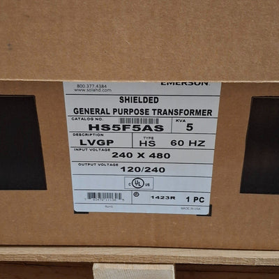 New Emerson HS5F5AS Hevi Duty Transformer 240x480V Primary, 120/240V Secondary, 5kVA