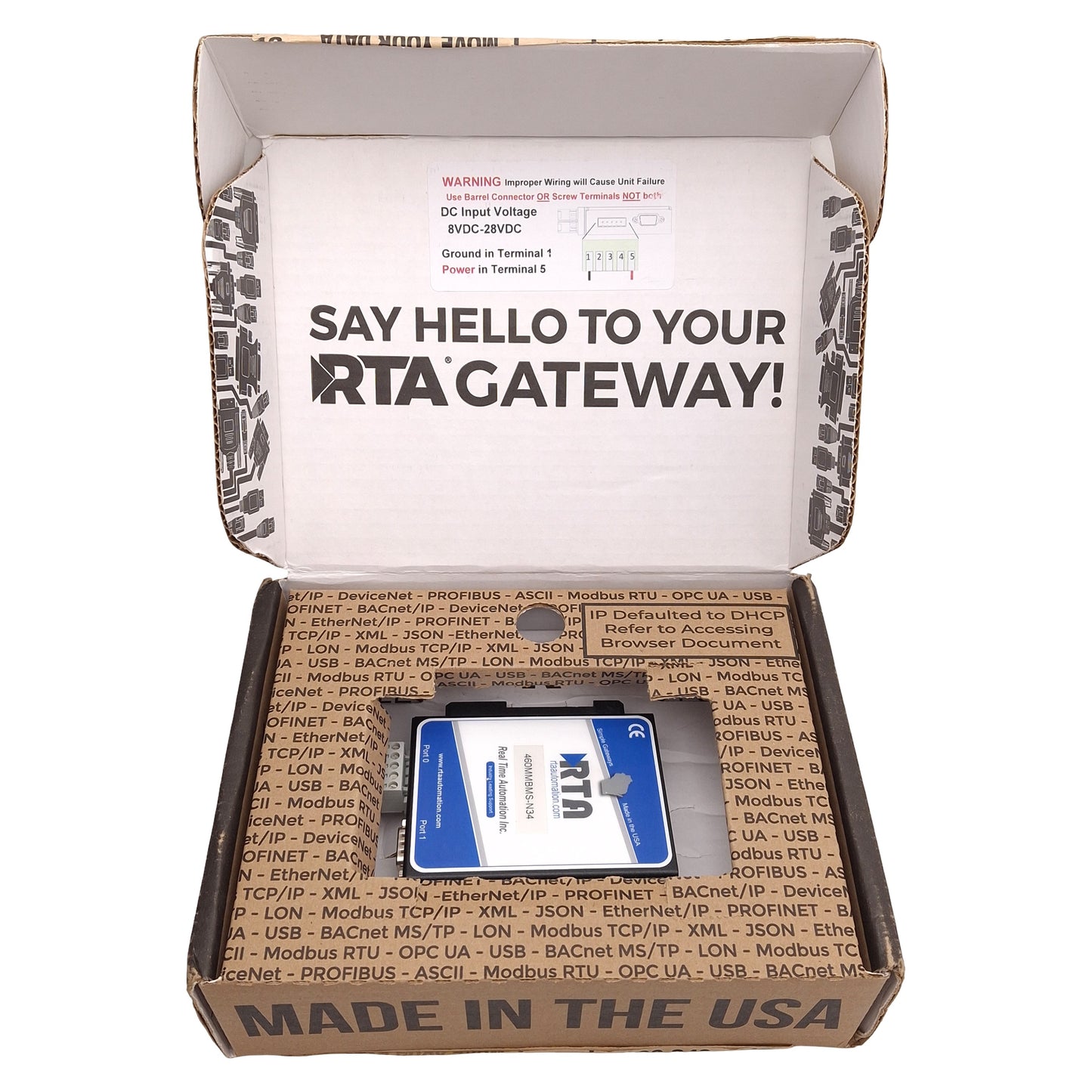 New – Open box RTA 460MMBMS-N34-D Modbus RTU Slave to BACnet MS/TP Master Gateway, 12-24VDC