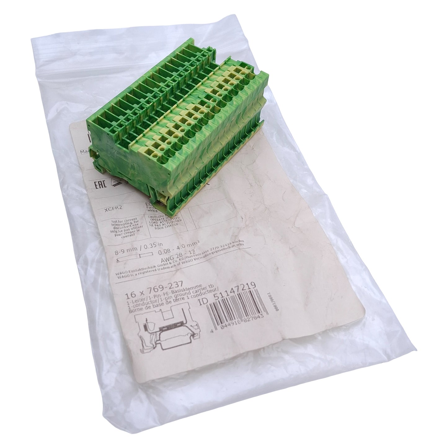 New Lot of 16 Wago 769-237 Terminal Block 1-Conductor 1-Level, 12-28AWG, DIN Rail