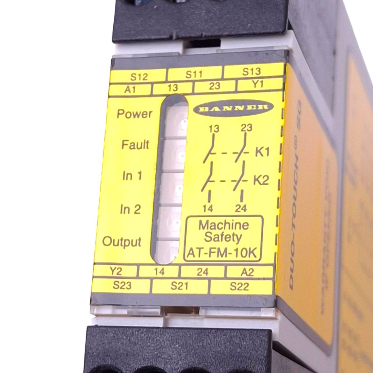 Used Banner AT-FM-10K DUO-TOUCH Safety Relay, 2NO, 1NC Aux, 6A Max, 24VAC/DC