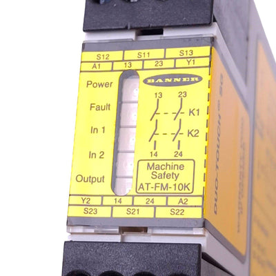 Used Banner AT-FM-10K DUO-TOUCH Safety Relay, 2NO, 1NC Aux, 6A Max, 24VAC/DC