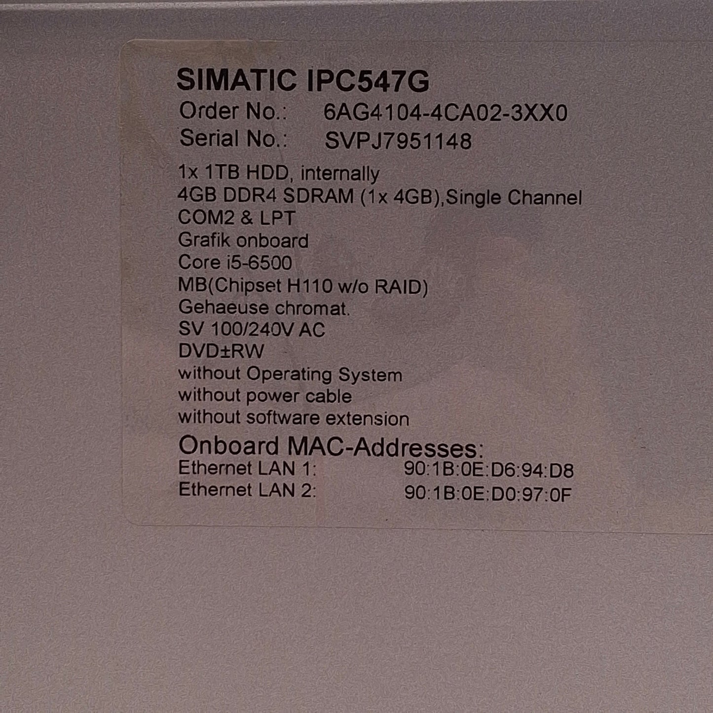 Used Siemens 6AG4104-4CA02-3XX0 IPC547G Industrial Computer 1TB Core i5-6500 *No Key*