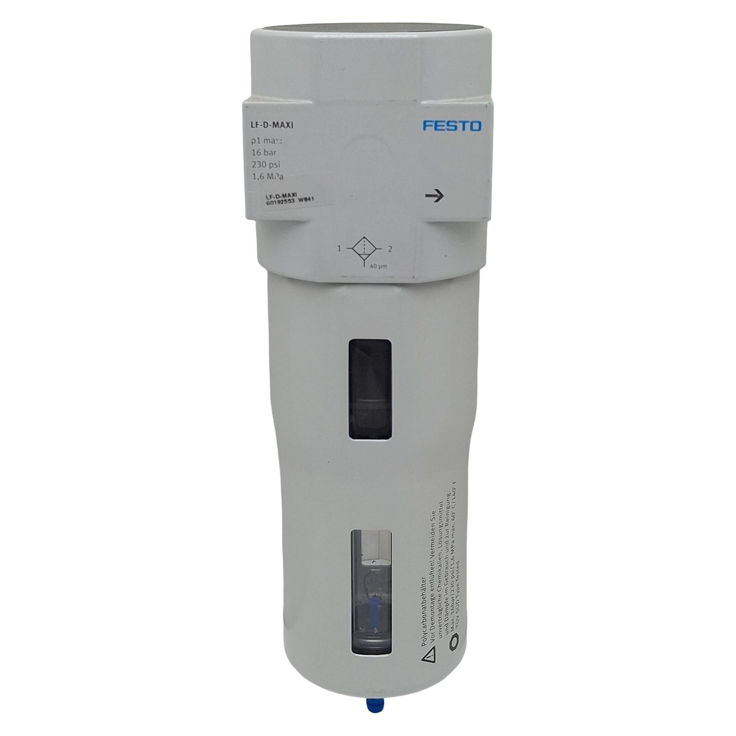 Used Festo LF-D-MAXI 192553 Pneumatic Filter, 0-16Bar, 40µm Filtration, Sub-Base