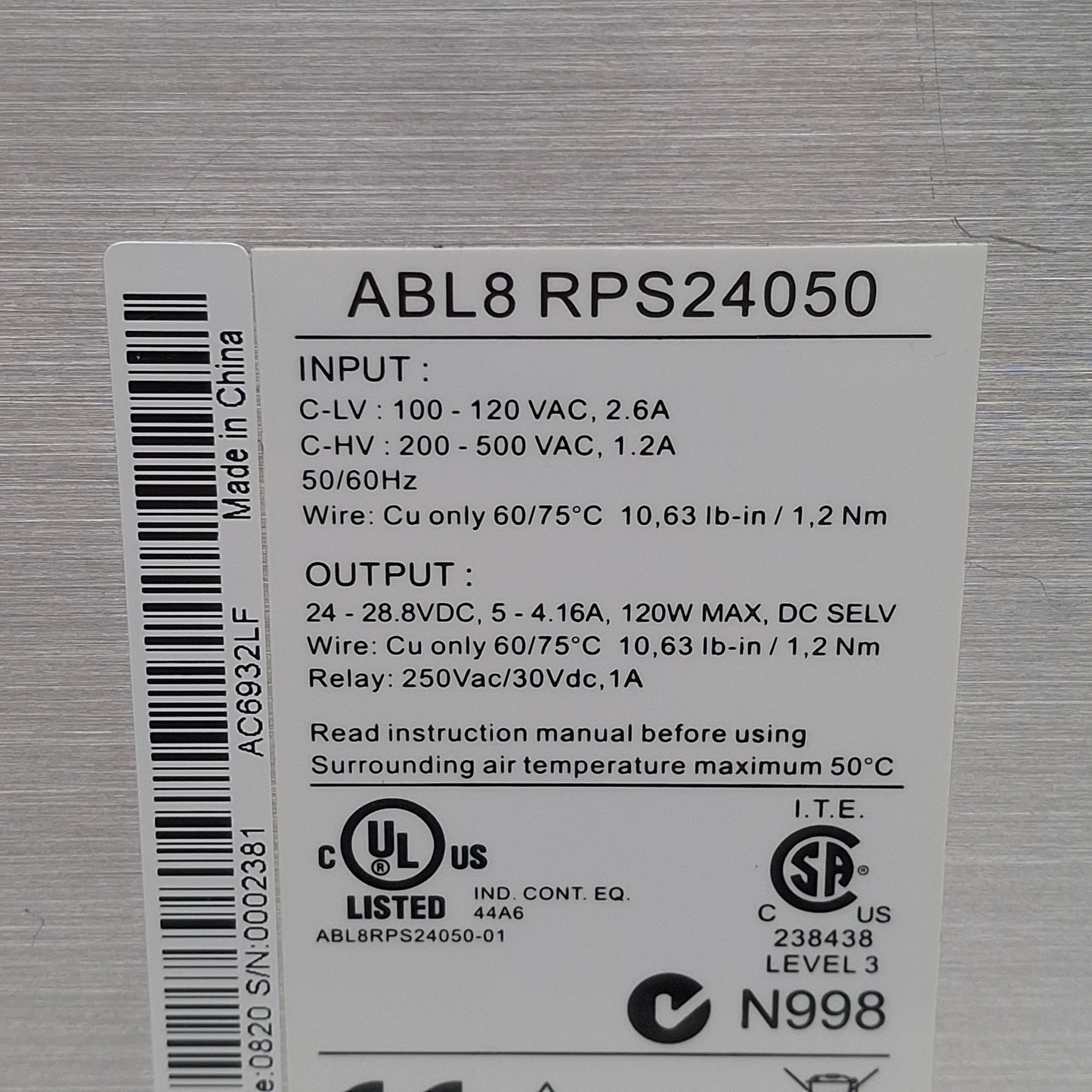 Used Telemecanique ABL8RPS24050 Power Supply 120/500VAC In, 5-4.16A 24-28VDC Out