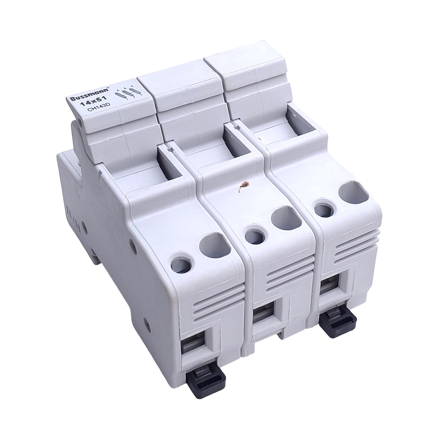 Used Bussman CH143D Fuse Holder, 3-Poles, 14mm x 51mm Fuses, 600V 40A, DIN Rail