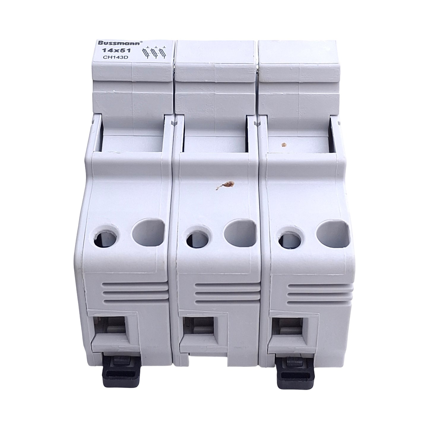 Used Bussman CH143D Fuse Holder, 3-Poles, 14mm x 51mm Fuses, 600V 40A, DIN Rail