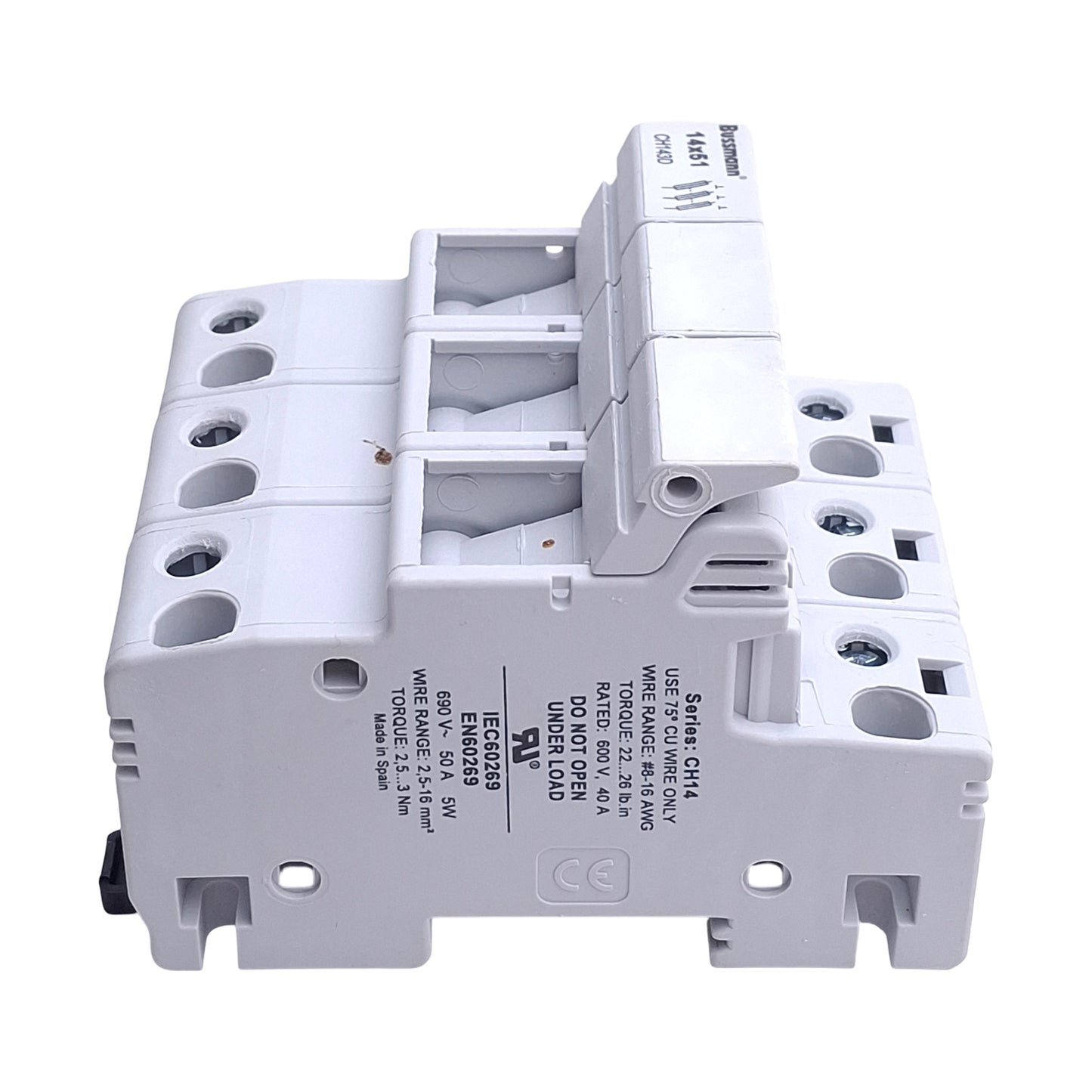 Used Bussman CH143D Fuse Holder, 3-Poles, 14mm x 51mm Fuses, 600V 40A, DIN Rail