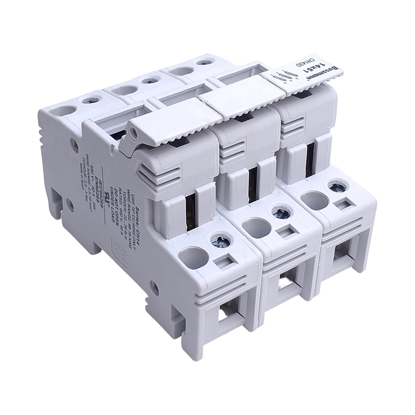 Used Bussman CH143D Fuse Holder, 3-Poles, 14mm x 51mm Fuses, 600V 40A, DIN Rail