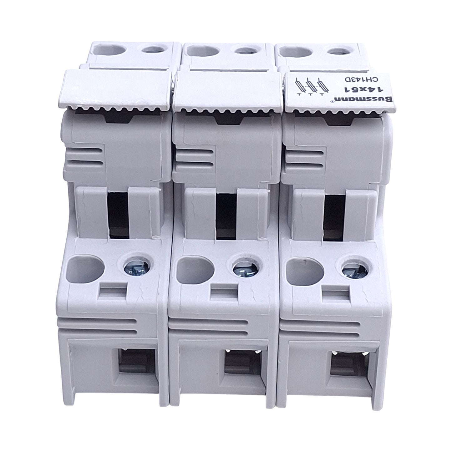 Used Bussman CH143D Fuse Holder, 3-Poles, 14mm x 51mm Fuses, 600V 40A, DIN Rail