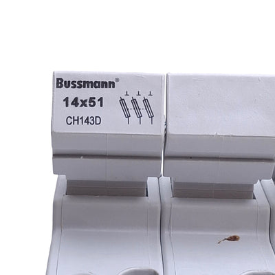 Used Bussman CH143D Fuse Holder, 3-Poles, 14mm x 51mm Fuses, 600V 40A, DIN Rail