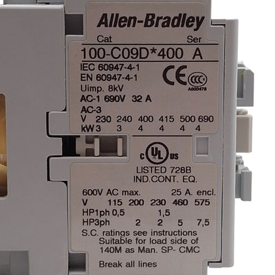 Used Allen Bradley 100-C09DJ400 IEC Contactor, 4NC, 9A, 7.5HP @ 3Ø 575VAC, 24VDC Coil