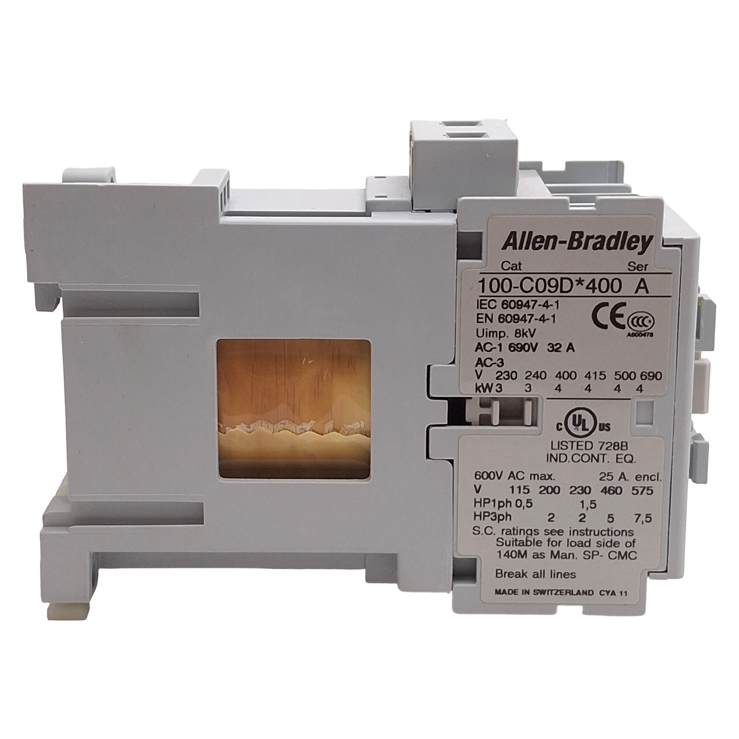Used Allen Bradley 100-C09DJ400 IEC Contactor, 4NC, 9A, 7.5HP @ 3Ø 575VAC, 24VDC Coil