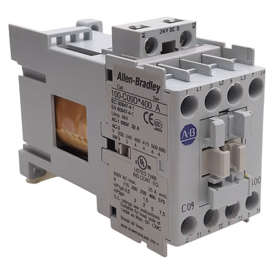 Used Allen Bradley 100-C09DJ400 IEC Contactor, 4NC, 9A, 7.5HP @ 3Ø 575VAC, 24VDC Coil