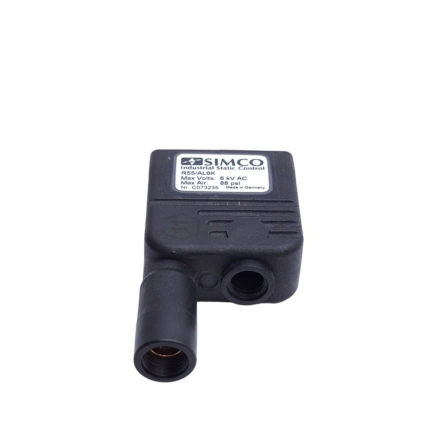 Used Simco R55/AL6K Ionizing Air Nozzle, 6kV AC, 88 Psi Max, Perforated Outlet